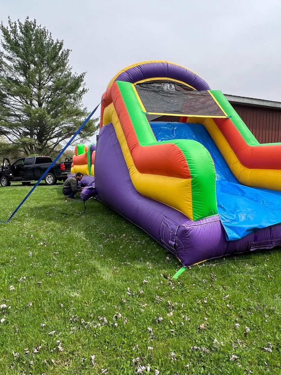 Bounce house set up on grass